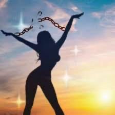 A silhouette of a woman with chains breaking from her arms, set against a sparkling sunset background.