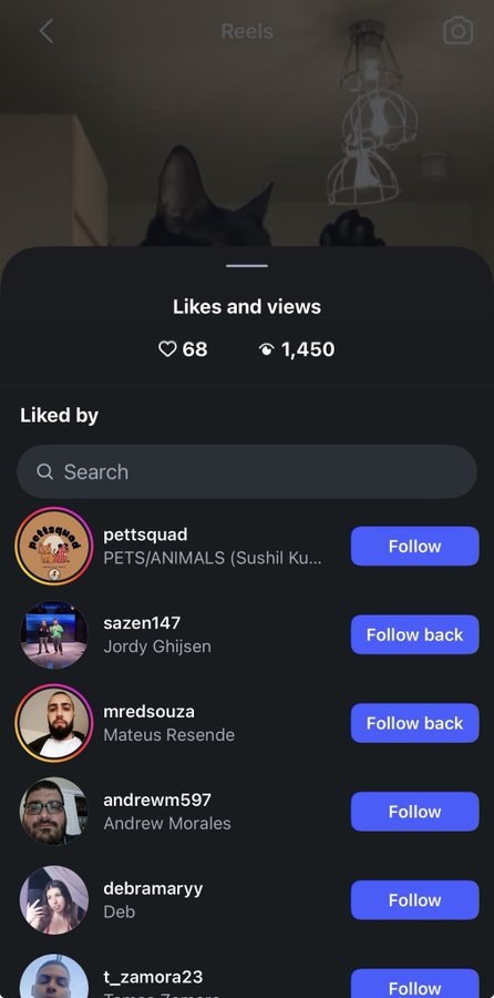 A dark-themed Instagram Reels interface showing 'Likes and views' with 68 likes and 1,450 views, with a partially visible video of a cat in the background and a list of users who liked the reel.