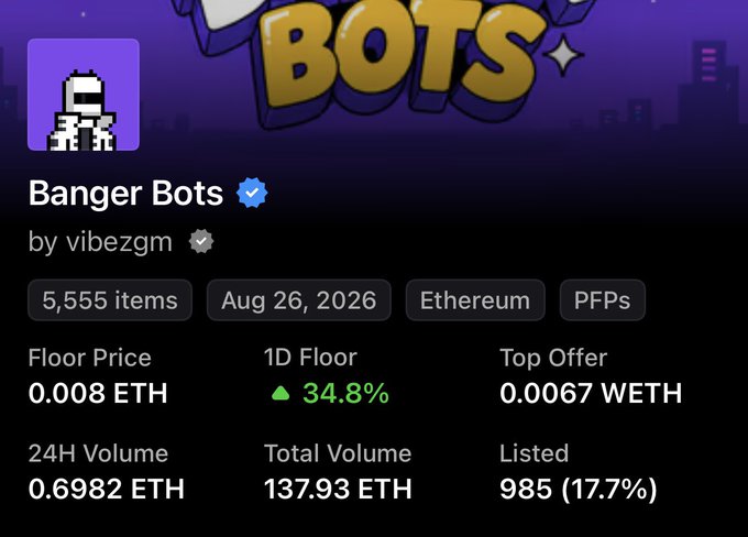 A NFT collection page on OpenSea for 'Banger Bots' by vibezgm, showing 5,555 items, Ethereum blockchain, with a floor price of 0.008 ETH and 24H volume of 0.6982 ETH.