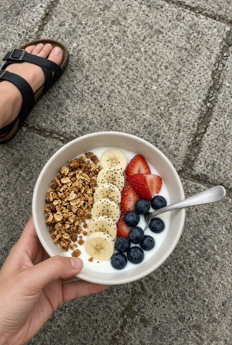 A hand holds a white bowl filled with yogurt, granola, sliced bananas, strawberries, and blueberries, sprinkled with chia seeds, over a paved outdoor surface near a foot in a black sandal.