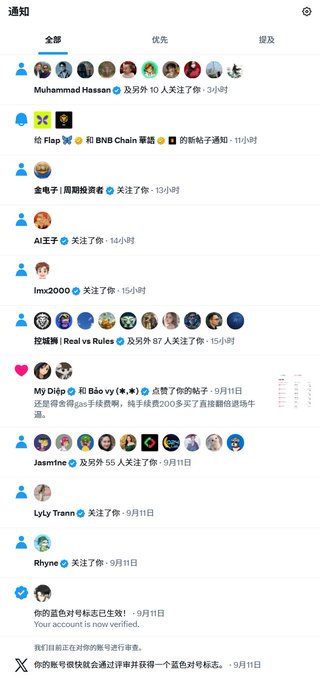 A Chinese-language notification feed shows various user activity updates, with a verified badge confirmation reading 'Your account is now verified' dated September 11.