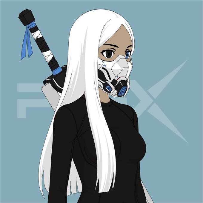 Digital artwork of a white-haired anime-style female character wearing a futuristic white and black face mask, a black long-sleeved top, and carrying a sword with a blue ribbon on her back, set against a light blue background with 'FX' lettering.