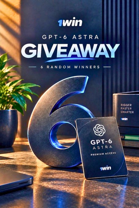A promotional “1win GPT-6 ASTRA GIVEAWAY” poster advertising six random winners, with a large metallic 6, a GPT-6 Astra access card, and a “Bigger, Faster, Smarter” device.