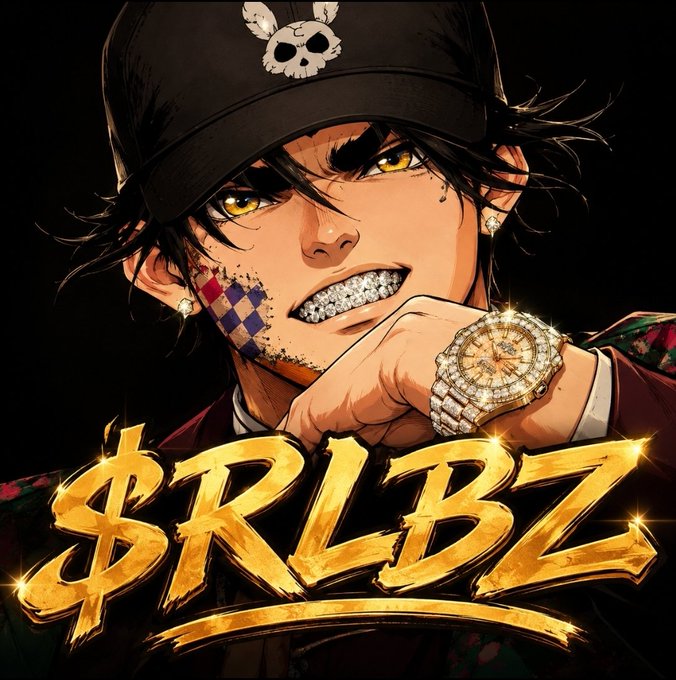 Anime-style illustration of a character with yellow eyes, a skull cap, diamond grillz, and diamond watches, with the text '$RLBZ' in gold lettering across the bottom.