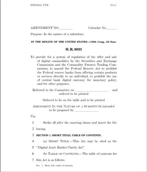 An official legislative document displays the heading 'IN THE SENATE OF THE UNITED STATES—119th Cong., 2d Sess.' for bill 'H.R. 3633', which seeks 'to provide for a system of regulation of the offer and sale of digital commodities' and is titled the 'Digital Asset Market Clarity Act'.