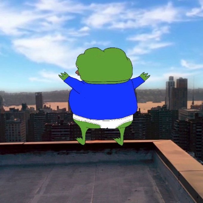 An animated frog character wearing a blue shirt and white underwear, seen from behind while jumping off a rooftop overlooking a city skyline.
