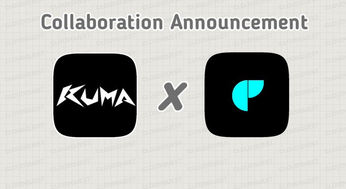 A collaboration announcement graphic featuring the "KUMA" and Cloud Quest (CloudQuest) logos side by side with an "X" between them, promoting a partnership with the free-to-mint anime-inspired Ethereum NFT collection KUMA.