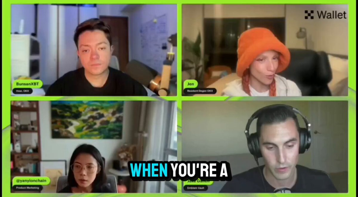 The image shows four people sitting at a table with headphones on their heads, appearing to be participating in an online meeting or video call. The background of the image features a painting that adds artistic elements to the scene. The caption for the image reads "When You're A", which is likely a part of a social media post promoting a product or service related to AI and cryptocurrency.