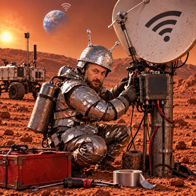 A surreal digital artwork depicts a man dressed in an improvised metallic foil spacesuit with a spiked helmet, crouching on a red Martian-like landscape while repairing a satellite dish that has a Wi-Fi symbol attached to it.