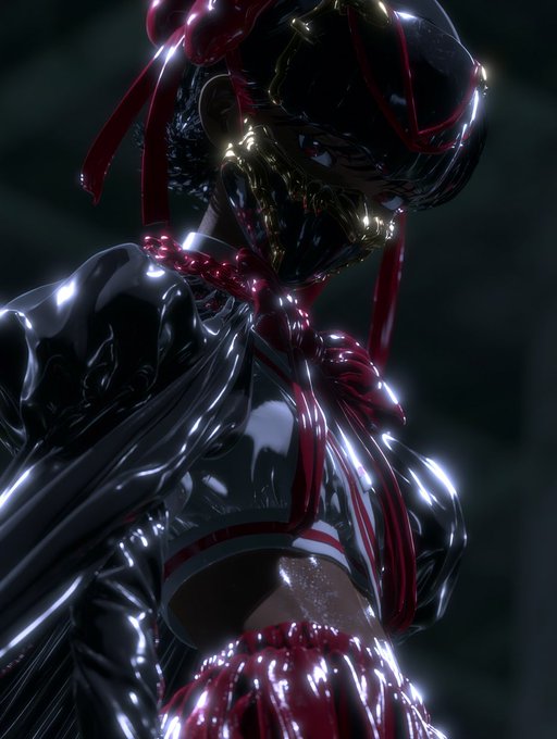 A close-up 3D render of a glossy black figure with gold accents and red details, featuring a highly reflective, liquid-like surface.