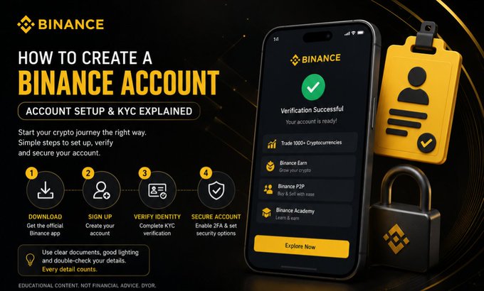 An infographic titled "How to Create a Binance Account: Account Setup & KYC Explained" displays the four-step process (Download, Sign Up, Verify Identity, and Secure Account) alongside a smartphone showing a "Verification Successful" screen with features like "Trade 1000+ Cryptocurrencies," "Binance Earn," "Binance P2P," and "Binance Academy," plus a yellow ID badge and padlock icon symbolizing security. The image visually supports the post by illustrating the recommended setup steps—downloading the official Binance app, signing up, completing KYC verification, and securing the account—before users begin their crypto journey.