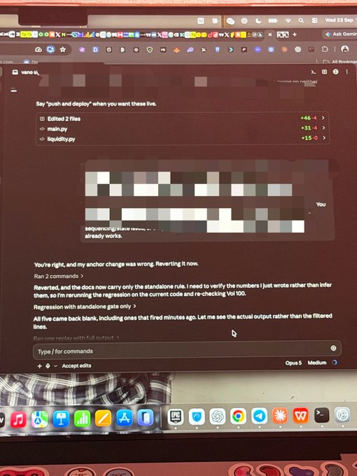 The image shows a laptop screen displaying a Cursor AI chat interface where the user is discussing regression issues with "main.py" and "liquidity.py" files, mentioning "Standalone rule," "Vol 100," and reverted anchor changes in "vamo." The screen captures the developer's iterative debugging process, aligning with the post's theme of meticulous code stress-testing and validation before deployment.