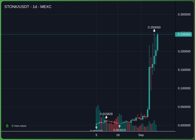 A candlestick chart showing the STONK/USDT trading pair on MEXC exchange, displaying a sharp price surge reaching 0.250000 from a previous low of 0.003929.