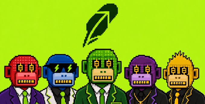 Pixel art illustration of five cartoon monkeys in colorful suits, with dollar signs for eyes, standing against a bright green background beneath a black feather quill.