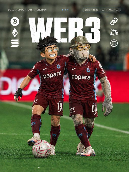 Two animated characters, one resembling a young player and the other a monkey, pose on a soccer field wearing maroon Trabzonspor 'papara' jerseys with 'WEB3' prominently displayed at the top.