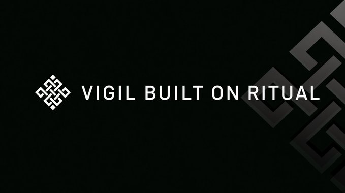 The image displays the logo "VIGIL BUILT ON RITUAL" in white text against a black background with a geometric logo on the left, visually announcing the development of Vigil—an agent liveness underwriting project—on the Ritual Chain testnet as mentioned in the post.