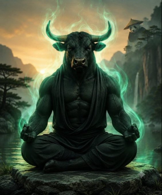 A digital artwork of a muscular anthropomorphic bull meditating in a lotus position, surrounded by green ethereal flames in a mountainous landscape.