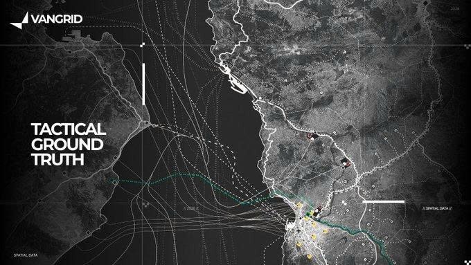 A black-and-white tactical satellite map from VANGRID titled 'TACTICAL GROUND TRUTH,' showing coastal terrain with dotted trajectory lines converging on a landing zone.