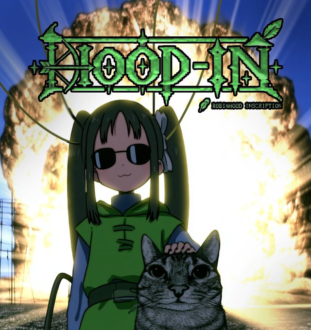 An anime-style illustration titled 'KOOD-IN' with the tagline 'ROBINHOOD INSCRIPTION', showing a green-haired girl in sunglasses and green outfit standing in front of a massive explosion, petting a grayscale tabby cat.