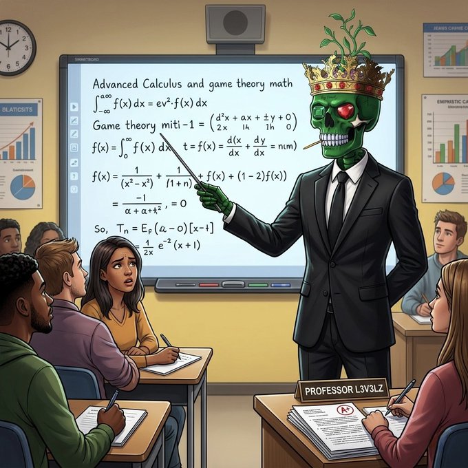 An AI-generated classroom scene featuring 'Professor L3V3LZ', a skull-faced figure with a plant on its head, wearing a suit and crown, pointing to a whiteboard filled with advanced calculus and game theory equations.