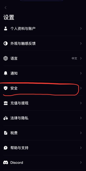 A settings menu in Chinese with the "安全" (Security) option circled in red, showing various settings categories including account, appearance, language, notifications, and billing.