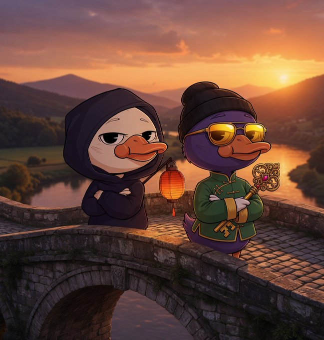 The image features a bridge with two ducks standing on it at sunset. One duck has sunglasses and a key, while the other duck has a lantern. The background shows mountains and trees, creating a serene atmosphere for the scene. The caption reads "Since Wallchain launched its first three new campaigns just over two weeks ago, attention surrounding @wallchain has surged rapidly", indicating that the ducks are promoting a brand or product related to wallchain.