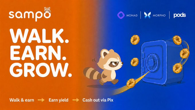 A promotional graphic for "sampo" featuring a cartoon raccoon with the text "WALK. EARN. GROW." and logos for MONAD, MORPHO, and pods.