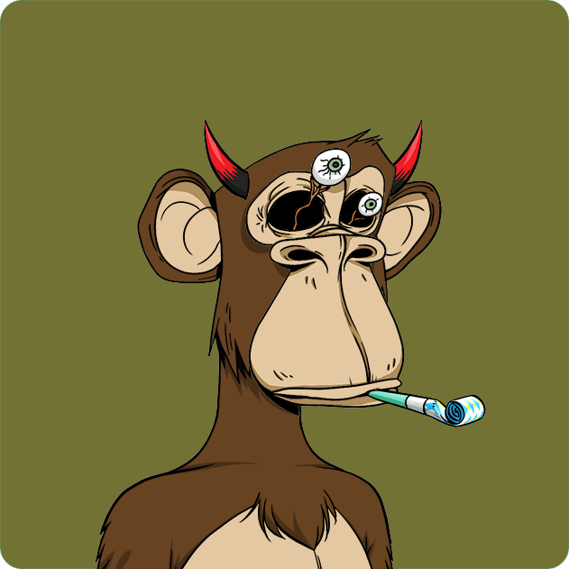 A cartoon illustration of a Bored Ape-style monkey with three eyes, red devil horns, and a rolled-up scroll in its mouth, set against an olive green background.