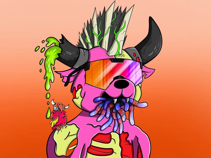 A colorful, cartoon-style illustration of a pink, horned creature with a mohawk, visor, and tentacled mouth dripping green slime, accompanied by a smaller viking-helmeted character.