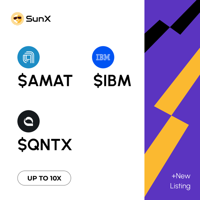 The image features a purple background with white text that reads "SunX" at the top, followed by three logos representing different companies: IBM, $AMAT, and $IBM. The text also includes the words "Up To 10x" and "New Listing".