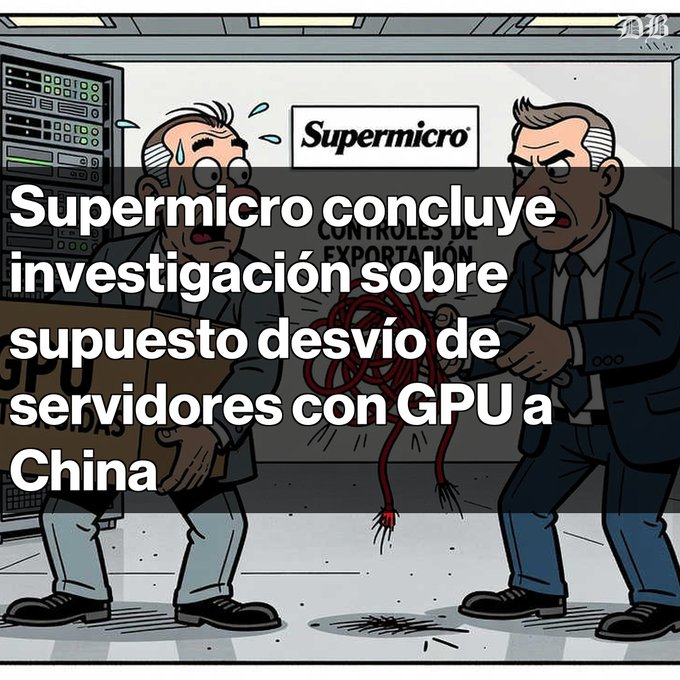 A cartoon illustration showing two men carrying a box labeled 'GPU' and tangled red cables near a server rack, with Spanish text reading 'Supermicro concluye investigación sobre supuesto desvío de servidores con GPU a China'.