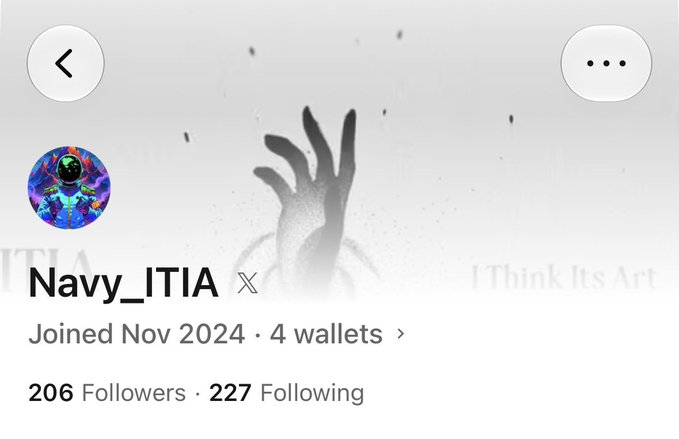 The image shows an OpenSea profile for "Navy_ITIA," which has joined the platform in November 2024 with 4 wallets, 206 followers, and 227 following accounts. This relates to the post's call to connect on OpenSea, as the user is sharing their handle "Navy_ITIA" to help others find and follow them on the mobile app.