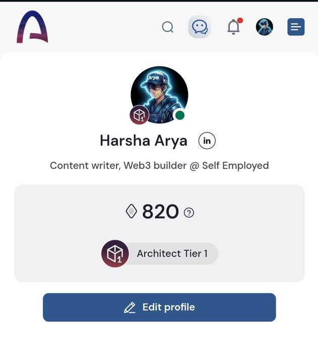 A screenshot of Harsha Arya's Arc profile showing her achievement of reaching "Architect Tier 1" status with a score of 820, supporting her post celebrating becoming a Tier 1 Architect on Arc after months of learning, building, and contributing to the platform.