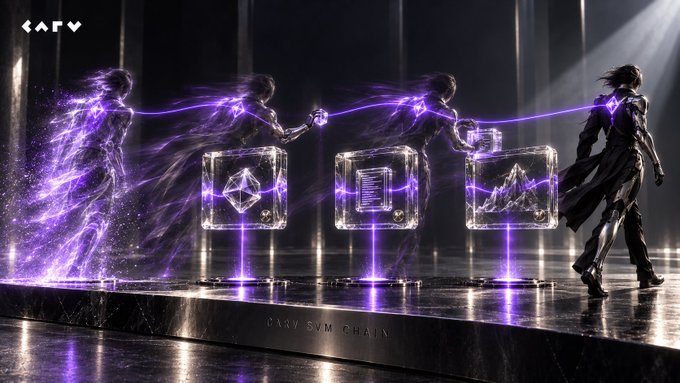 A futuristic figure in dark armor reaches out to release ethereal purple energy that flows into three glowing glass cubes, each containing a different symbol, as the text "CARV SVM CHAIN" is etched into the platform below. The image visually represents the post's theme of transforming onchain actions into attributable records, with the flowing purple energy symbolizing reputation building through verified evidence and execution history on the CARV SVM Chain.