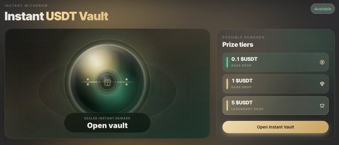 An "Instant USDT Vault" promotion offering tiered rewards of 0.1, 1, and 5 $USDT, with an "Open Instant Vault" button to claim prizes. The image visually reinforces the post's call to action for instant USDT withdrawals and rewards via simple tasks on the xreign.app platform.