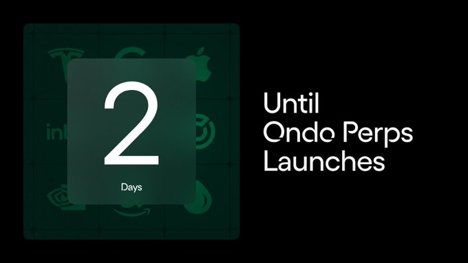 The image shows a clock with the number "2" displayed, indicating that there are two days left until the launch of an app called "Ondo Perps Launches". The text above the clock reads " Until 2 days. Bringing real liquidity to RWA perps is the biggest opportunity in finance." This message suggests that the app has been launched and is available for download, with a focus on its potential benefits for users who invest their money through the app.
