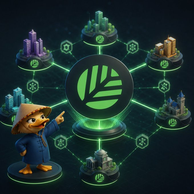 A digital artwork featuring a cartoon duck wearing a conical hat pointing toward a central glowing green leaf logo, surrounded by floating miniature cityscapes connected by neon lines.