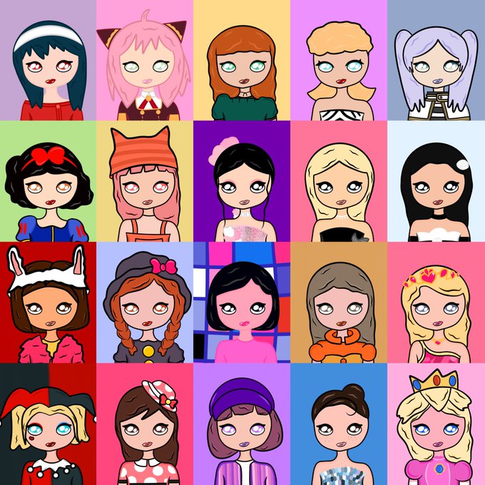 A grid of 20 cartoon-style character avatars with various hairstyles and outfits displayed on different colored backgrounds, resembling NFT profile pictures.