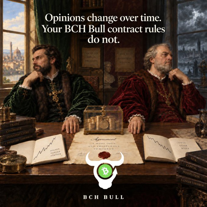 A parody of a Renaissance-style painting shows two men seated at a desk with a chest of coins, captioned 'Opinions change over time. Your BCH Bull contract rules do not,' with a Bitcoin Cash bull logo and books labeled with terms like 'RISK' and 'CAPITAL'.