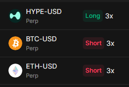 A trading interface showing perpetual positions: HYPE-USD Long 3x, BTC-USD Short 3x, and ETH-USD Short 3x.