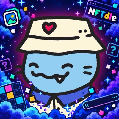 A cartoon illustration of a blue character wearing a bucket hat with a heart, surrounded by floating digital elements and the "NFTdle" logo in the upper right corner.