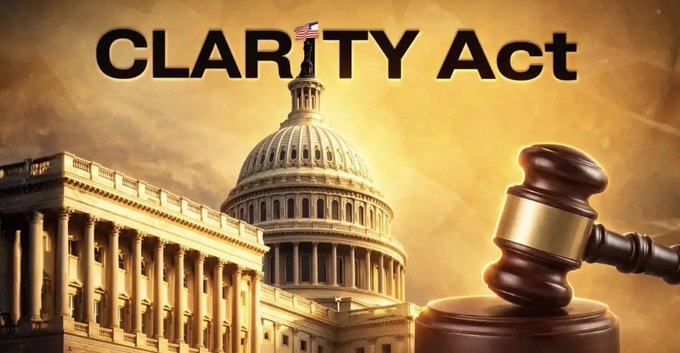A graphic featuring the U.S. Capitol building and a judge's gavel against a warm, golden background, with the bold text 'CLARITY Act' at the top.