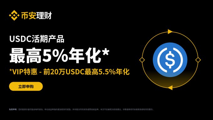 The image is a Binance promotional banner for a USDC flexible savings product, highlighting a maximum 5% annualized yield (up to 5.5% for VIPs with the first 200K USDC), featuring the Binance logo and a "Subscribe Now" button. The post expands on the image by detailing tiered interest rates (4.5%, 5%, and 5.5%) based on USDC deposit amounts and EarnFi holdings.