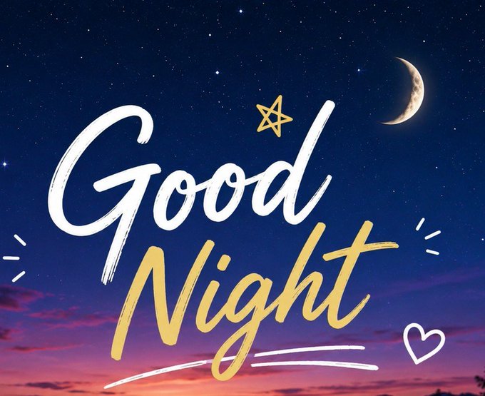 A decorative "Good Night" greeting card featuring white and yellow handwritten-style text, a star, and a heart against a starry night sky with a crescent moon and purple sunset horizon.
