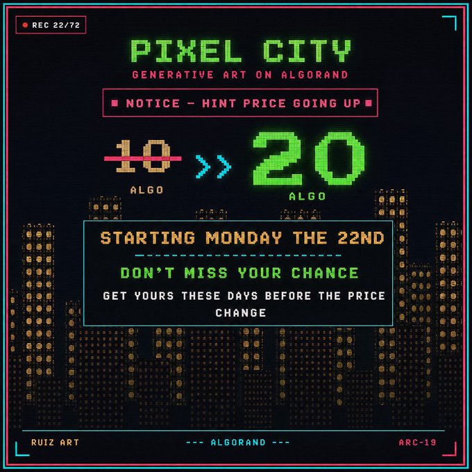 The image features a poster for a Pixel City event, which is scheduled to take place at 20th of the month. The poster includes a city skyline with buildings rendered in shades of green and yellow, creating an urban atmosphere. The text on the poster indicates that there are two weeks left before the event starts, and it encourages people not to miss this opportunity by getting their tickets early.