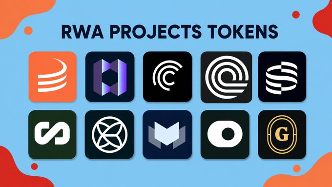 The image features a blue background with white text reading "RWA Projects Tokens". Below that, there are nine different logos or icons of various companies such as Maple Finance, $170M mc Securitize, $CFG, $1.6B TVL Ondo, $ONDO, $1.4B mc Superstate, and $Hastra. These logos are displayed in a grid-like arrangement with three rows and four columns each. The text provides information about the companies behind these logos or tokens. The layout of the icons seems to be organized for easy comparison among the different token projects being offered by RWA.