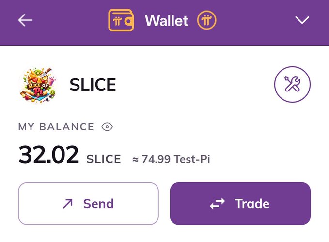 The Pi Wallet Testnet screenshot shows a "SLICE" token balance of 32.02 SLICE (≈74.99 Test-Pi) alongside refreshed "Send" and "Trade" buttons, supporting the announcement of an updated DEX & AMM interface within Pi Wallet. The new "Trade" button highlights the integrated AMM functionality now available to Pioneers ahead of a potential mainnet launch.