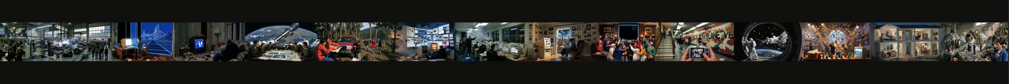 A panoramic collage shows multiple scenes from what appears to be a space-related facility, featuring control rooms, mission control centers, and exhibition areas.
