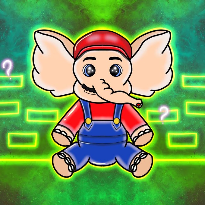 A cartoon baby elephant in a red cap, red shirt, and blue overalls sits against a glowing green background resembling a brick wall from a Mario-style video game, with question mark blocks flanking it. The image fits the post's reference to "StylishBabyElephants" NFT collection available on OpenSea, evoking Super Mario Bros. nostalgia.