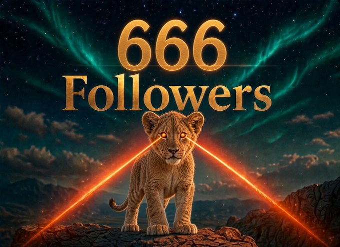 Digital artwork showing a lion with glowing orange eyes shooting laser beams, set against a night sky with aurora, with '666 Followers' text above.